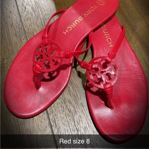 Tory Burch Red Sandals with Floral Embellishment